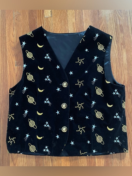 Vintage Jackets & Blazers - Vintage Celestial Embroidered Velvet Vest - Moon Saturn Stars Black & Gold